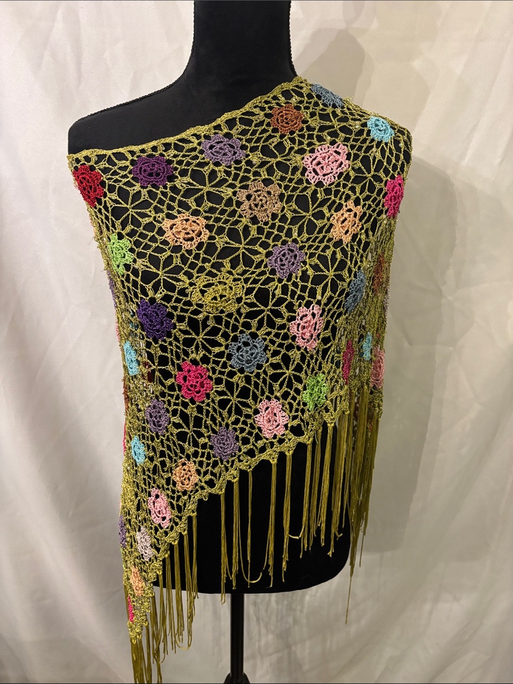 Handmade Olive Green Crochet Floral Shawl with Multicolor Accents